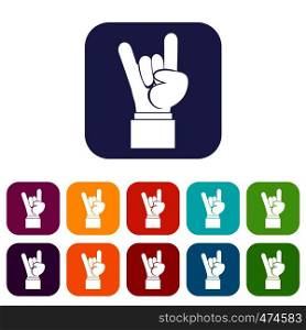 Rock and Roll hand sign icons set vector illustration in flat style In colors red, blue, green and other. Rock and Roll hand sign icons set