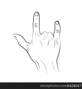 Rock and roll hand sign on a white background.