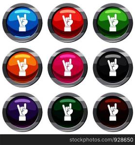 Rock and Roll hand sign set icon isolated on white. 9 icon collection vector illustration. Rock and Roll hand sign set 9 collection