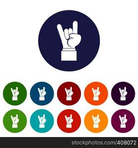Rock and Roll hand sign set icons in different colors isolated on white background. Rock and Roll hand sign set icons