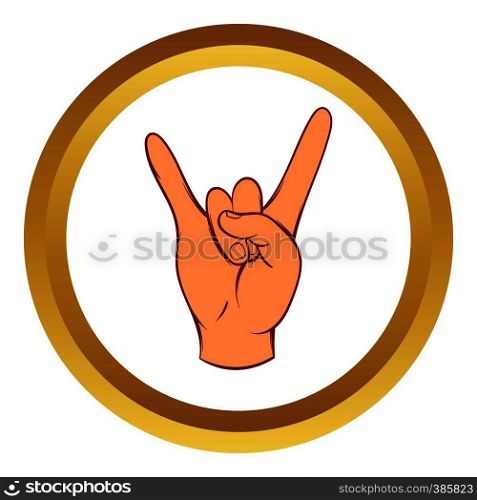 Rock and Roll hand sign vector icon in golden circle, cartoon style isolated on white background. Rock and Roll hand sign vector icon, cartoon style
