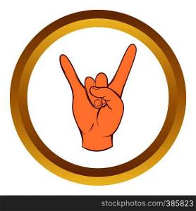 Rock and Roll hand sign vector icon in golden circle, cartoon style isolated on white background. Rock and Roll hand sign vector icon, cartoon style