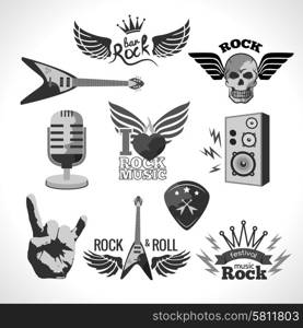 Rock and roll music black emblems and elements set isolated vector illustration. Rock Music Set