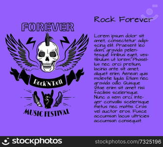 Rock and roll music festival forever colorful poster with skull surrounded by wings and sign of horns. Vector illustration of rockandroll symbols on purple. Rock and Roll Forever Music Festival Poster