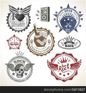 Rock and roll music festival symbols and stamps set isolated vector illustration. Rock Festival Stamps