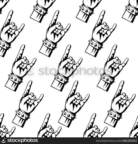Rock and roll or heavy metal hand sign seamless pattern. Two fingers up emblems.. Rock and roll or heavy metal hand sign pattern.