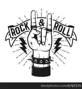 Rock and roll sign. Human hand with heavy metal sign. Rock and roll poster template. Vector illustration.