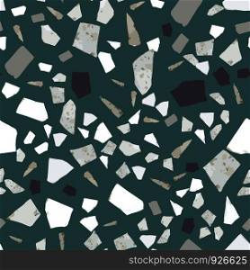 Rock backdrop textured. Abstract marble wallpaper. Terrazzo seamless pattern design on green background. Natural stone, granite, quartz shapes. Vector illustration.. Rock backdrop textured. Abstract marble wallpaper. Terrazzo seamless pattern design