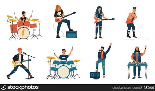 Rock band characters. Cartoon guitar player, vocalist and drummer playing rock music, metal band members. Vector illustration competition rock show isolated set people musician on white background. Rock band characters. Cartoon guitar player, vocalist and drummer playing rock music, metal band members. Vector competition rock show isolated set