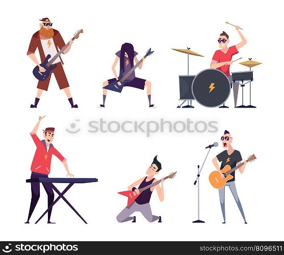 Rock band. Expressive characters musicians drummers in action poses with microphones and guitars exact vector persons for entertainment. Illustration of music band, musician expression. Rock band. Expressive characters musicians drummers in action poses with microphones and guitars exact vector persons for entertainment