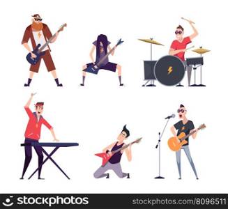 Rock band. Expressive characters musicians drummers in action poses with microphones and guitars exact vector persons for entertainment. Illustration of music band, musician expression. Rock band. Expressive characters musicians drummers in action poses with microphones and guitars exact vector persons for entertainment