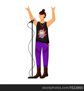 Rock band singer flat color vector illustration. Lead vocalist. Frontman. Musician. Music group member. Person with microphone. Concert, festival. Isolated cartoon character on white background