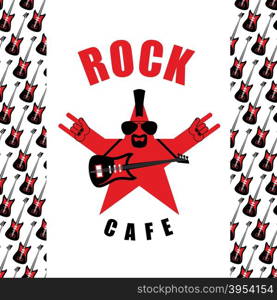 Rock Cafe. Logo template for music rock bar. Star with electro guitar and rock hand sign.&#xA;