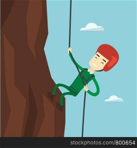 Rock climber in protective helmet climbing on a rock. Asian climber in action. Smiling man climbing in mountains with rope. Sportsman climbing a rock. Vector flat design illustration. Square layout.. Man climbing in mountains with rope.
