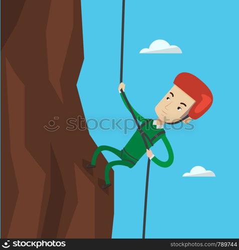 Rock climber in protective helmet climbing on a rock. Caucasian climber in action. Smiling man climbing in mountains with rope. Man climbing a rock. Vector flat design illustration. Square layout.. Man climbing in mountains with rope.