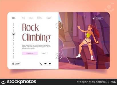 Rock climbing cartoon landing page, woman climb up the mountain. Female character mountaineer with ropes gear, sportive girl in harness healthy life and extreme sports activity, Vector illustration. Rock climbing cartoon landing page, mountaineering