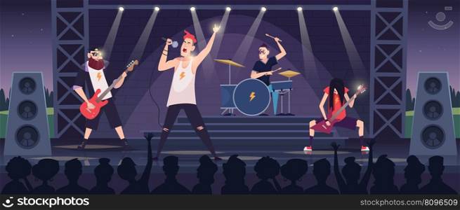 Rock concert. Entertainment with musicians with rock guitars exact vector cartoon background with music band characters concert music and entertainment performance illustration. Rock concert. Entertainment with musicians with rock guitars exact vector cartoon background with music band characters