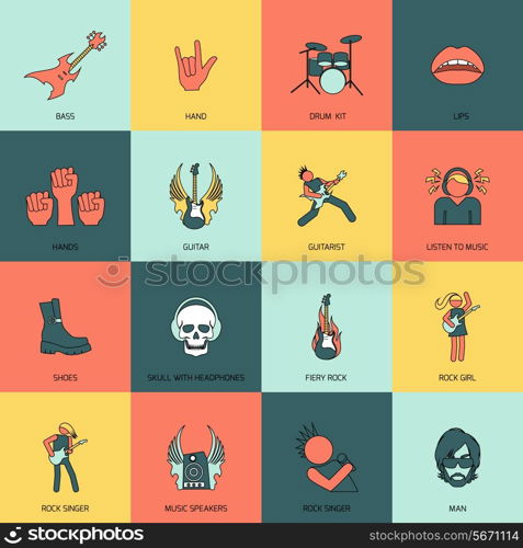 Rock concert singer guitarist star flat line icons isolated vector illustration