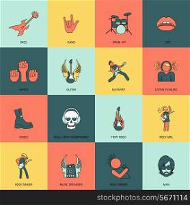 Rock concert singer guitarist star flat line icons isolated vector illustration