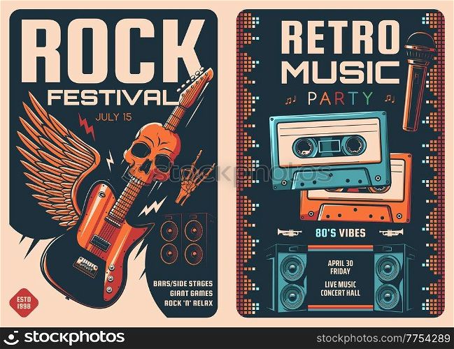 Rock festival and retro music party posters of vector microphone and electric guitar with skull and wing. Old cassette tapes, loudspeakers, equalizer sound waves and lightnings invitation banners. Rock festival and retro music party posters