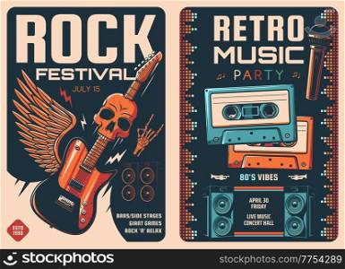 Rock festival and retro music party posters of vector microphone and electric guitar with skull and wing. Old cassette tapes, loudspeakers, equalizer sound waves and lightnings invitation banners. Rock festival and retro music party posters
