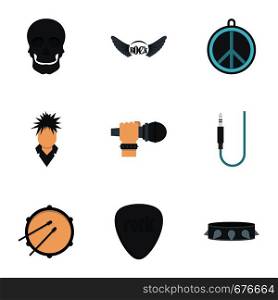 Rock festival icon set. Flat set of 9 rock festival vector icons for web isolated on white background. Rock festival icon set, flat style