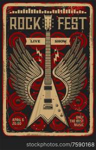 Rock festival music concert retro poster. Vector electric guitar with wings, equalizer sound waves and lightnings on background with loudspeakers. Rock fest live show grunge invitation design. Rock guitar retro poster, music festival concert