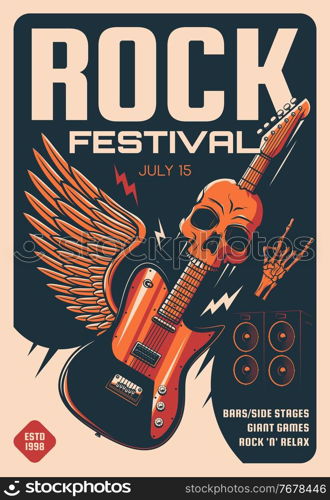 Rock festival of heavy music retro poster. Vector electric guitar, skull and loudspeakers, skeleton hand horn gesture, lightnings and angel wings invite flyer of hard rock fest. Musical flyer. Rock festival of heavy music poster