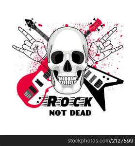 Rock festival sticker. Cartoon skull front of electric guitars, vector illustration of concept of creative graphic logo for concerts of metal music isolated on white background. Rock festival sticker