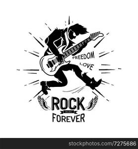 Rock forever freedom and love, guitarist playing electric guitar, icon decorated with lines and wings vector illustration isolated on white. Rock Forever Freedom and Love Vector Illustration