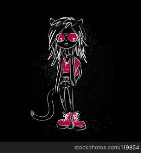 rock girl cat on black background, vector illustration. rock girl cat.