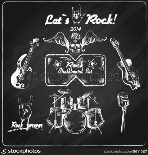 Rock guitar music grunge chalkboard retro sketch set isolated vector illustration
