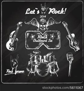 Rock guitar music grunge chalkboard retro sketch set isolated vector illustration