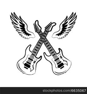 Rock icons of crossed electric guitars, with six strings on it and wings behind them vector illustration isolated on white background. Rock Electric Guitars  Wings Vector Illustration
