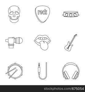 Rock music equipment icon set. Outline set of 9 rock music equipment vector icons for web isolated on white background. Rock music equipment icon set, outline style