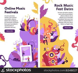Rock music festival dates, online fest performance, people playing guitars. Broadcasting and streaming on gadgets and devices, headphones and loudspeakers. Website page, vector in flat style. Online music festivals, rock fest dates website