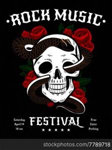 Rock music festival poster with snake in skull, red roses with leaves on black background vector illustration . Rock Music Festival Poster
