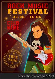 Rock music festival poster. Youth club rock music festival free entrance announcement vintage poster with date of event abstract vector illustration