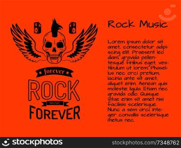 Rock music forever colorful poster with skull surrounded by wings. Vector illustration of rock and roll symbol on orange background. Rock Music Forever Poster Vector Illustration