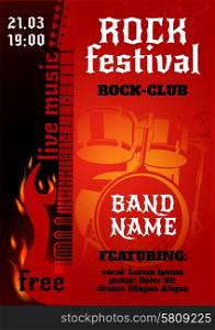 Rock music group concert or festival poster with burning guitar and drums vector illustration. Rock Concert Poster