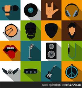 Rock music icons set. Flat illustration of 16 rock music vector icons for web. Rock music icons set, flat style