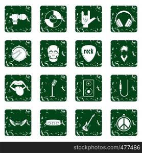 Rock music icons set in grunge style green isolated vector illustration. Rock music icons set grunge