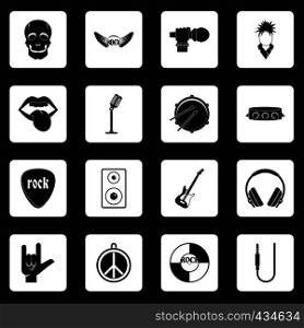 Rock music icons set in white squares on black background simple style vector illustration. Rock music icons set squares vector