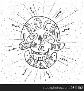 Rock music in my heart. Hand drawn lettering design with skull. Typography concept for t-shirt design or web site. Vector illustration.