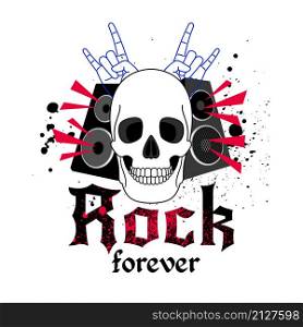 Rock music logo with skulls. Cartoon graphic stickers or stamps for hands on musical festivals, vector illustration poster elements for heavy metal concerts isolated on white background. Rock music logo with skulls