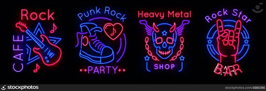 Rock music neon sign. Metal band vintage poster, night party retro emblems, punk band logo. Rock n Roll vector vintage neon banners. Rock music neon sign. Metal band vintage poster, night party retro emblems, punk band logo. Rock n Roll vector neon banners