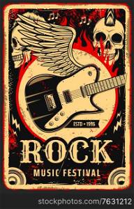 Rock music poster with skull and electric guitar on wings, vector grunge red design. Hard rock music concert and heavy mental band festival, punk skull in fire flame, notes and guitar loudspeakers. Rock music poster, skull and electric guitar wings