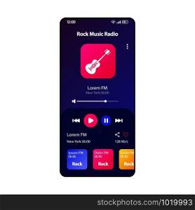 Rock music radio smartphone interface vector template. Mobile audio player app page modern design layout. Albums, live podcast listening widget screen. Flat UI for application. Phone display