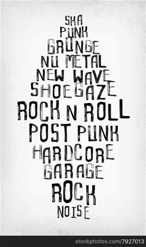 Rock music styles tag cloud, grunge oldschool typography stamp style poster