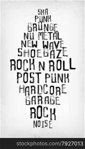 Rock music styles tag cloud, grunge oldschool typography stamp style poster